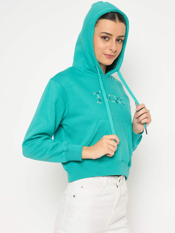 Madame Fleece Placement Printed Handwork Detailed Turquoise Sweatshirt