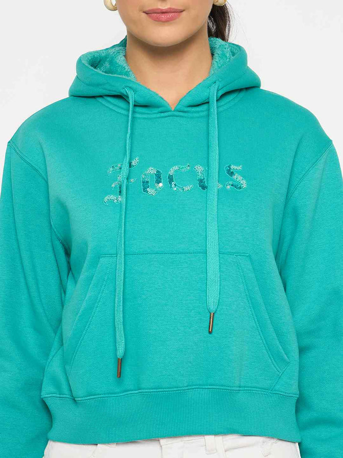 Madame Fleece Placement Printed Handwork Detailed Turquoise Sweatshirt