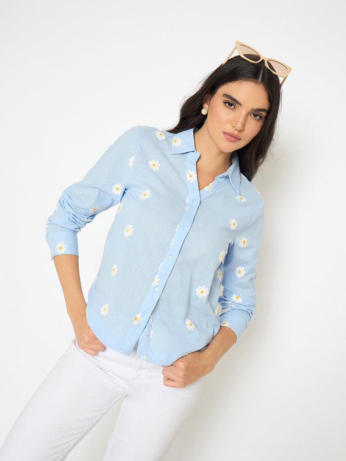 Madame Floral Embroidery Blue Cotton Shirt