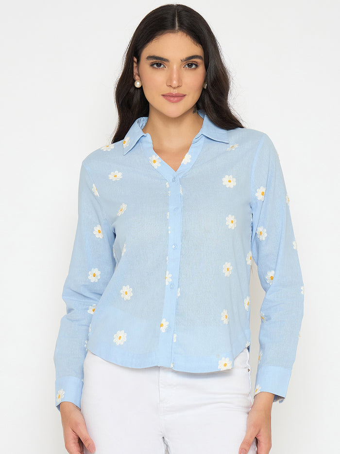 Madame Floral Embroidery Blue Cotton Shirt