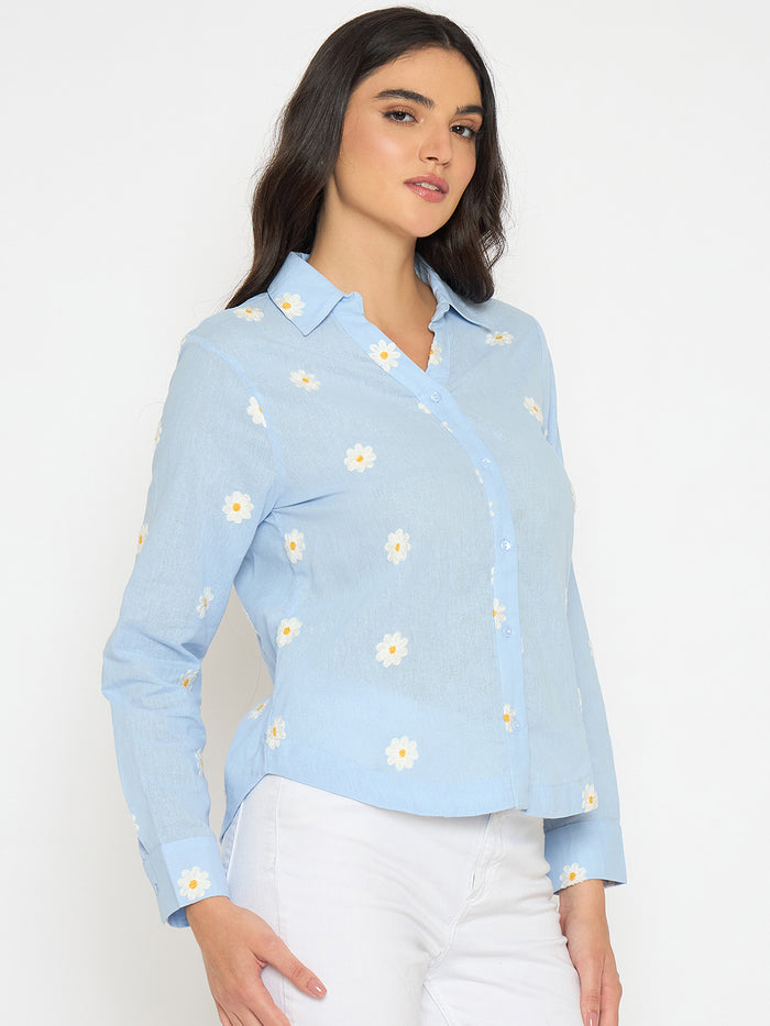 Madame Floral Embroidery Blue Cotton Shirt