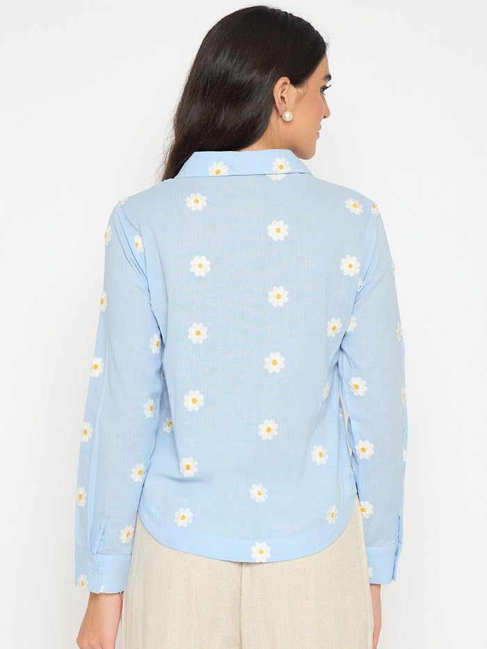 Madame Floral Embroidery Blue Cotton Shirt