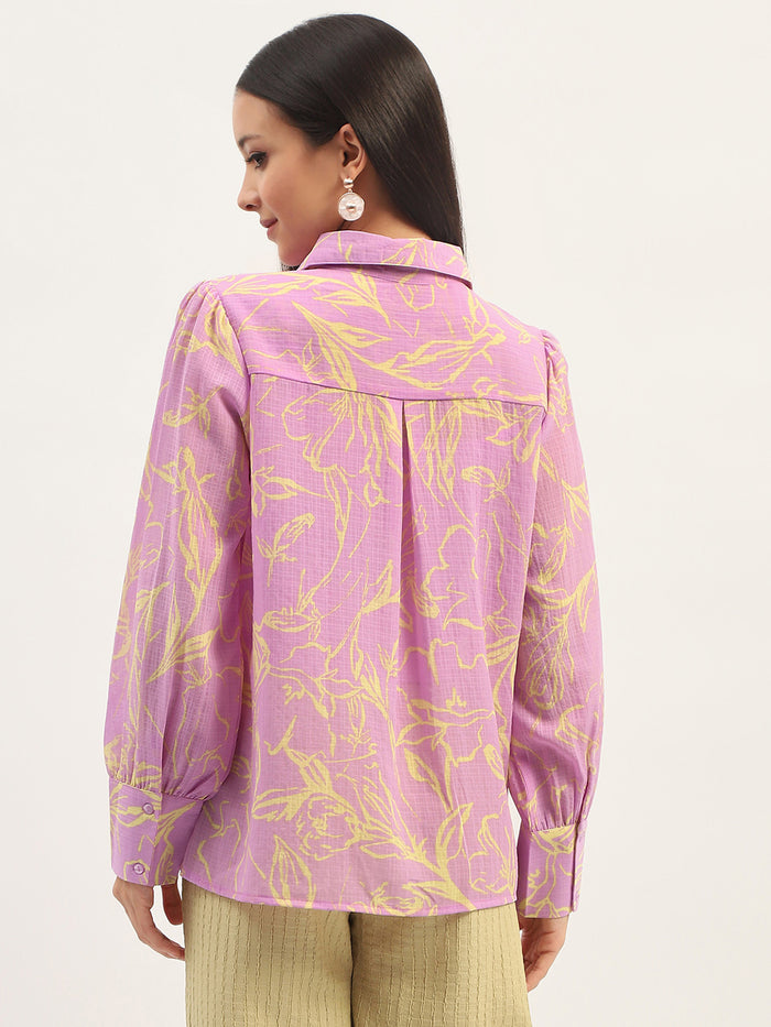 Madame Floral Print Bishop Sleeve Lilac Shirt