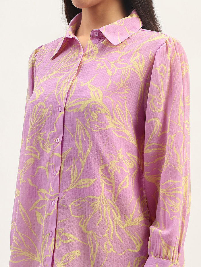 Madame Floral Print Bishop Sleeve Lilac Shirt