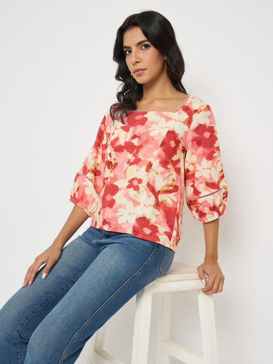 Madame Floral Print Square Neck Coral Top