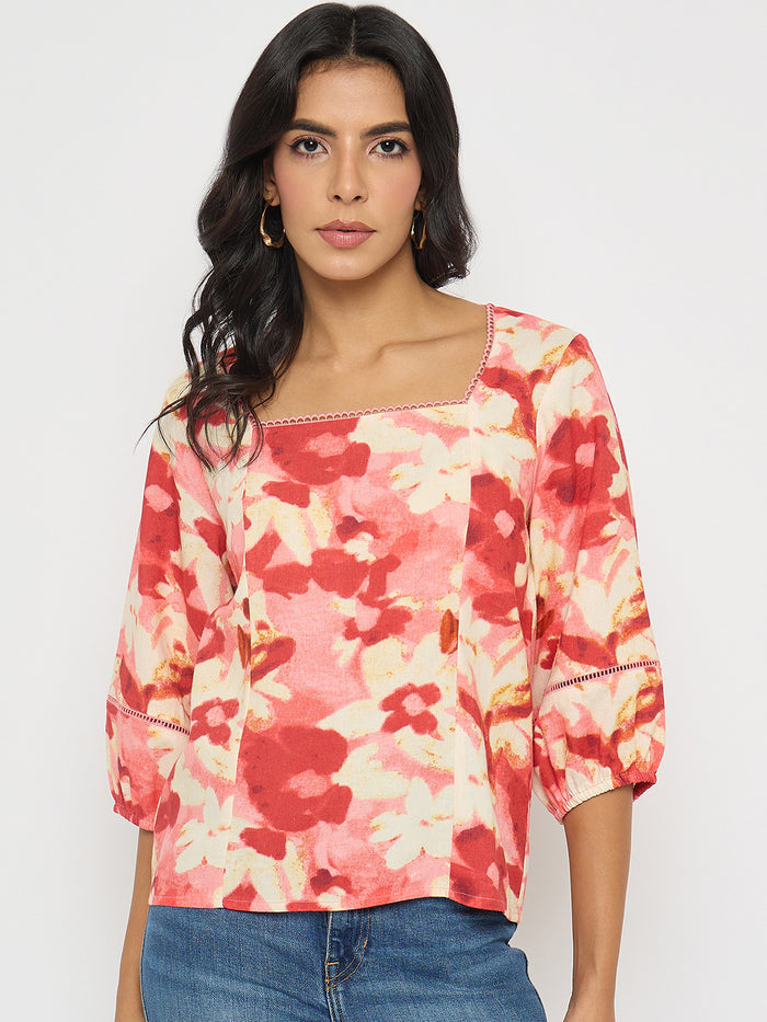 Madame Floral Print Square Neck Coral Top