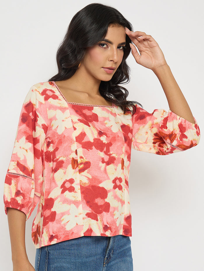 Madame Floral Print Square Neck Coral Top