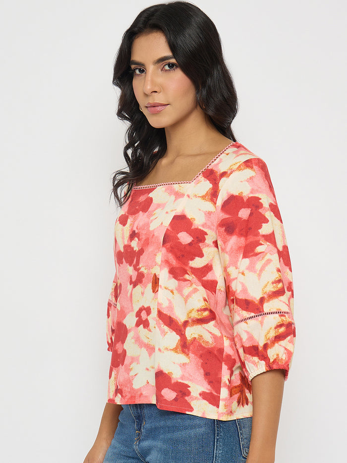 Madame Floral Print Square Neck Coral Top