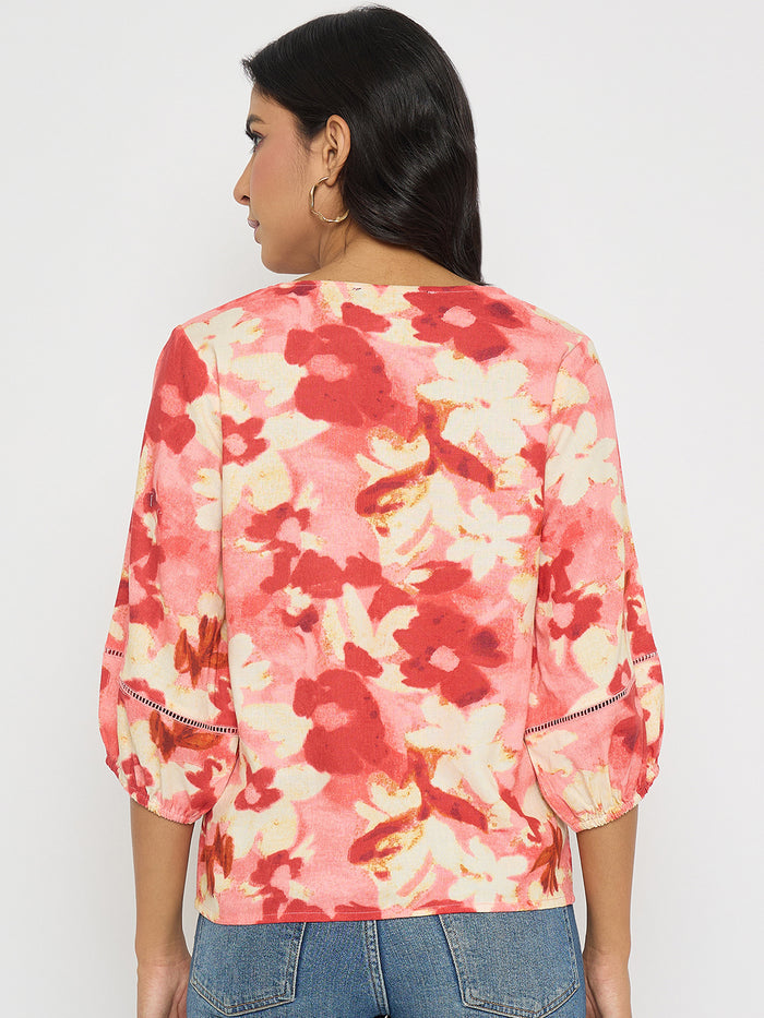 Madame Floral Print Square Neck Coral Top