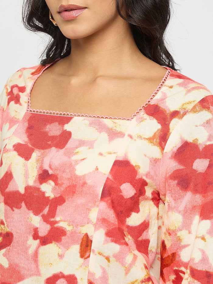 Madame Floral Print Square Neck Coral Top