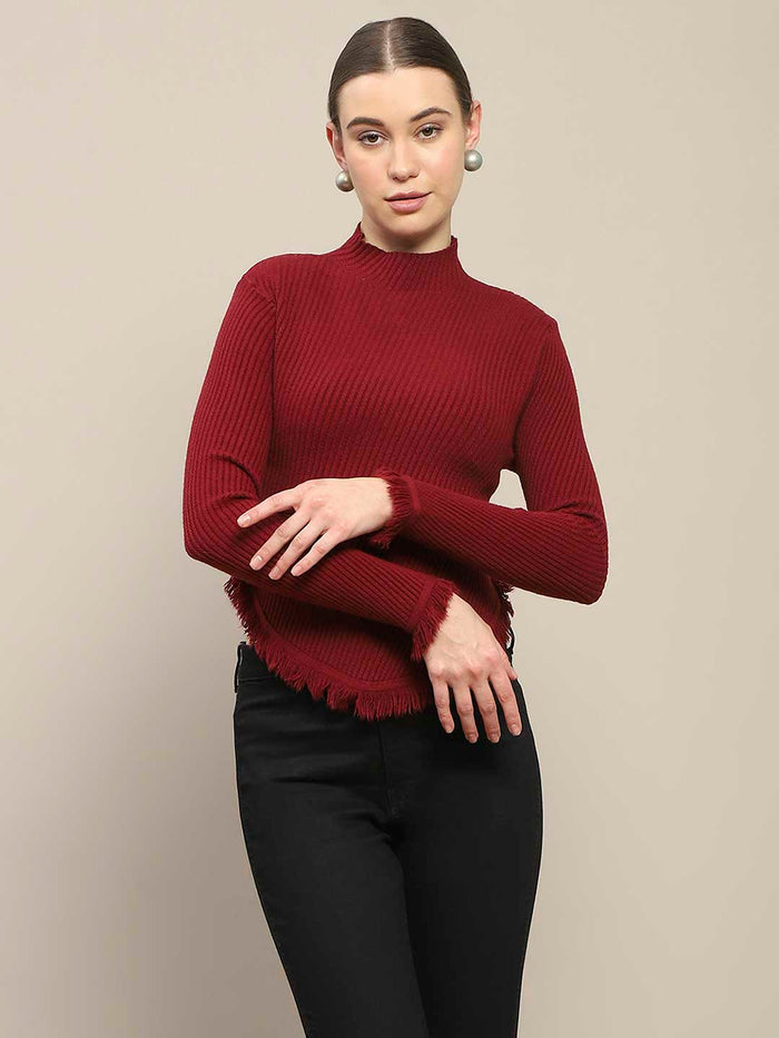 Madame Fur Cuffs and Hem Wine Red Sweater