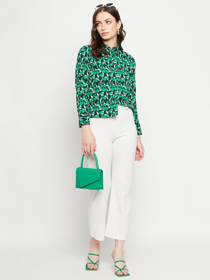 Madame Geometric Print Full Sleeves Green Shirt
