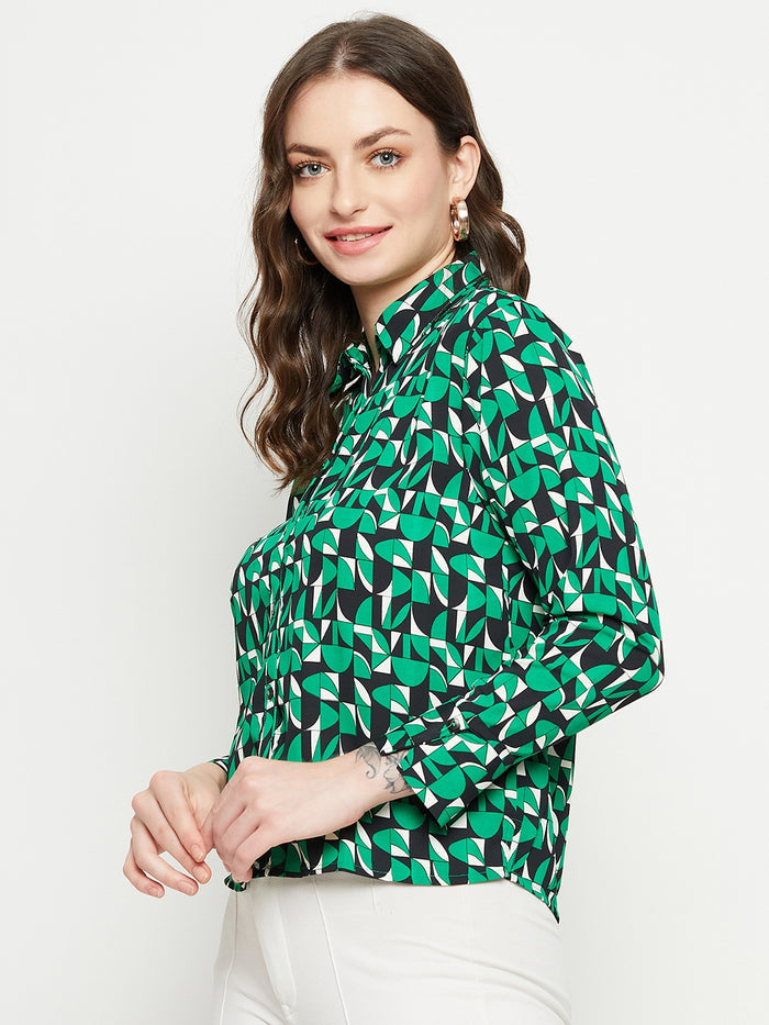 Madame Geometric Print Full Sleeves Green Shirt