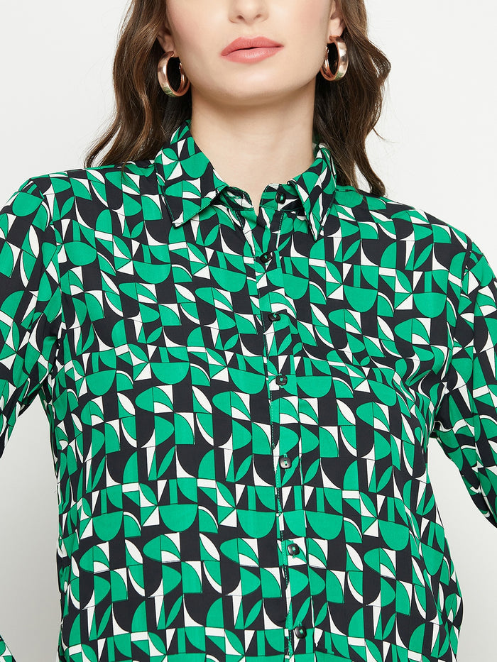 Madame Geometric Print Full Sleeves Green Shirt