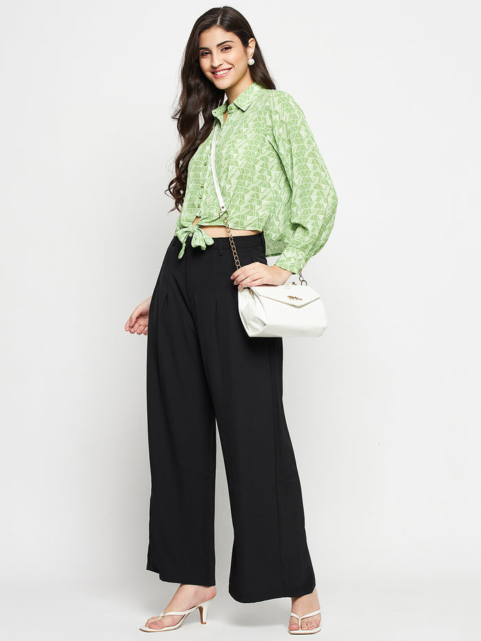 Madame Geometric Print Tie Front Green Shirt