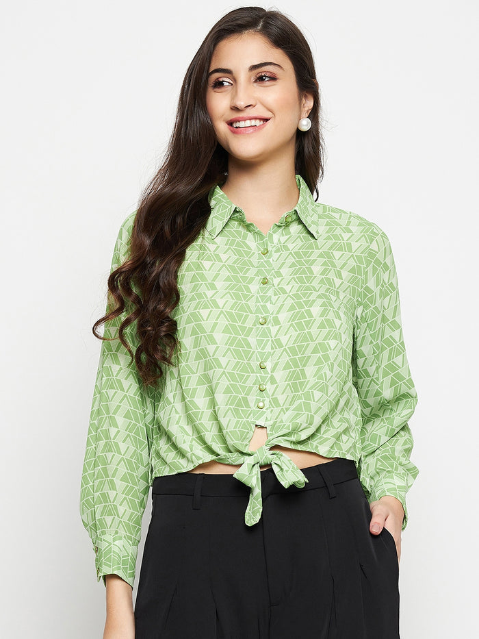 Madame Geometric Print Tie Front Green Shirt