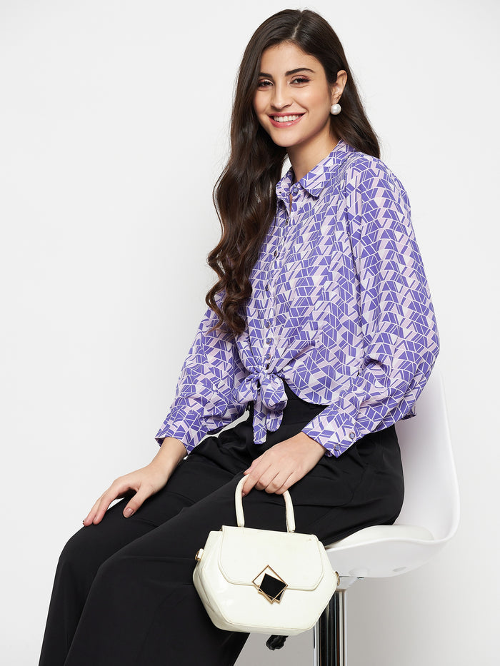 Madame Geometric Print Tie Front Purple Shirt