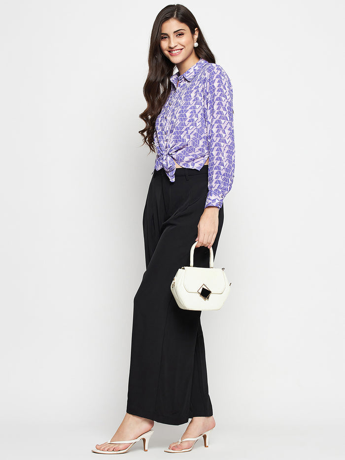 Madame Geometric Print Tie Front Purple Shirt