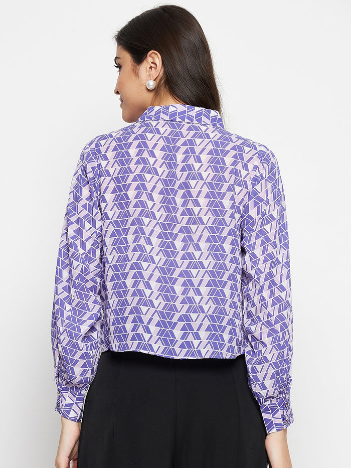 Madame Geometric Print Tie Front Purple Shirt