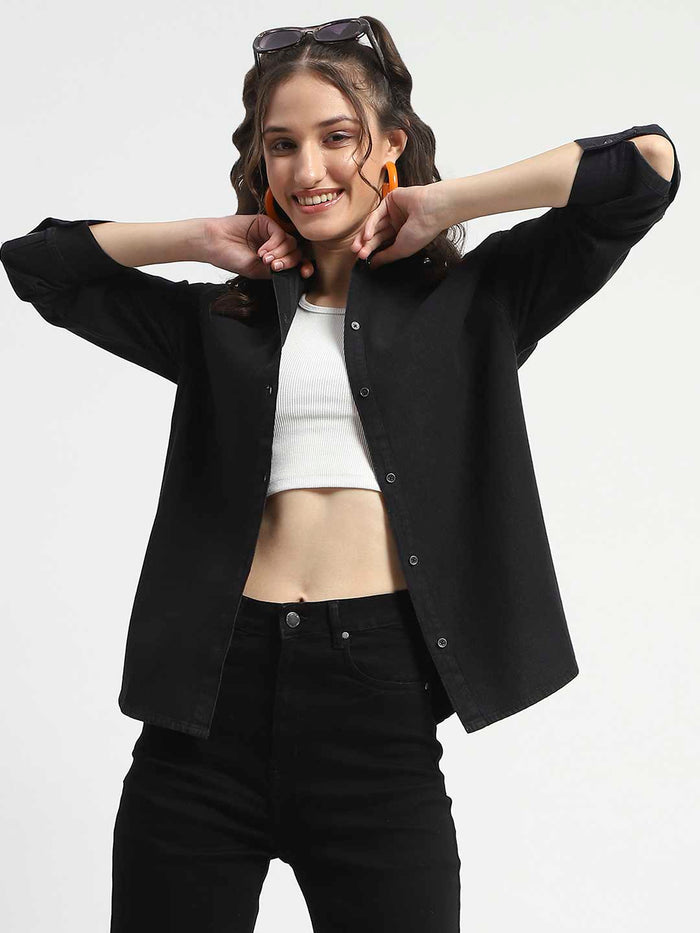Madame Grey Wash Solid Black Button Down Denim Shirt