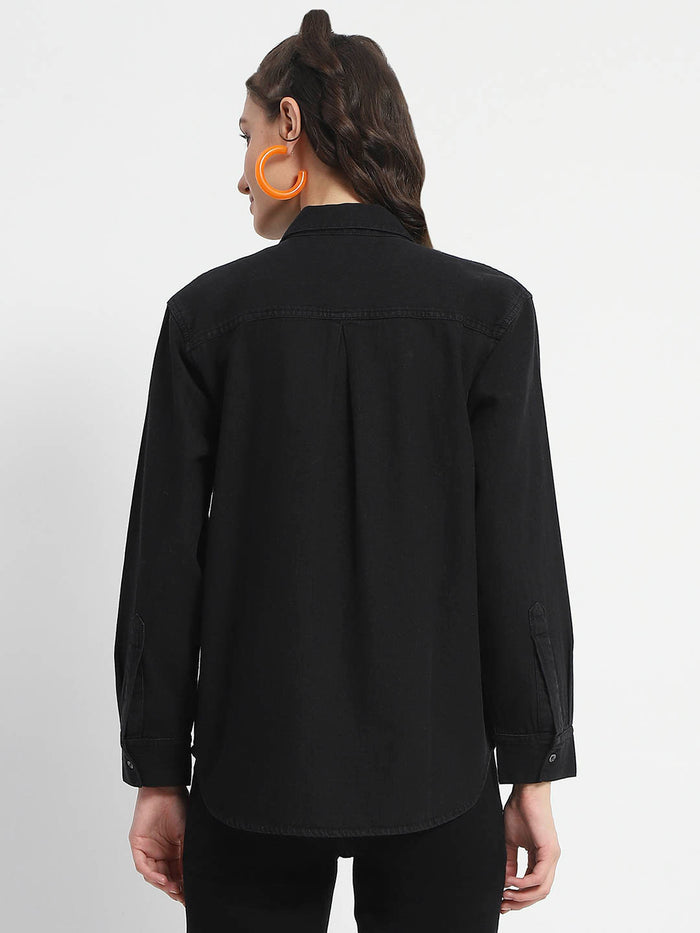 Madame Grey Wash Solid Black Button Down Denim Shirt