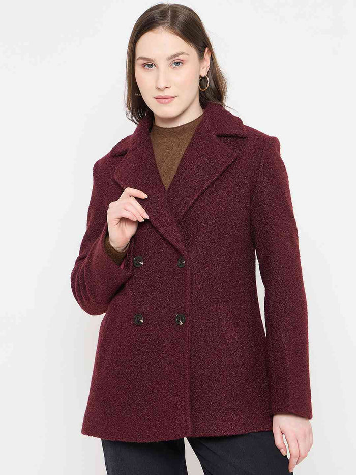 Madame Maroon Coat with Double Breasted Buttons and Notched Collar