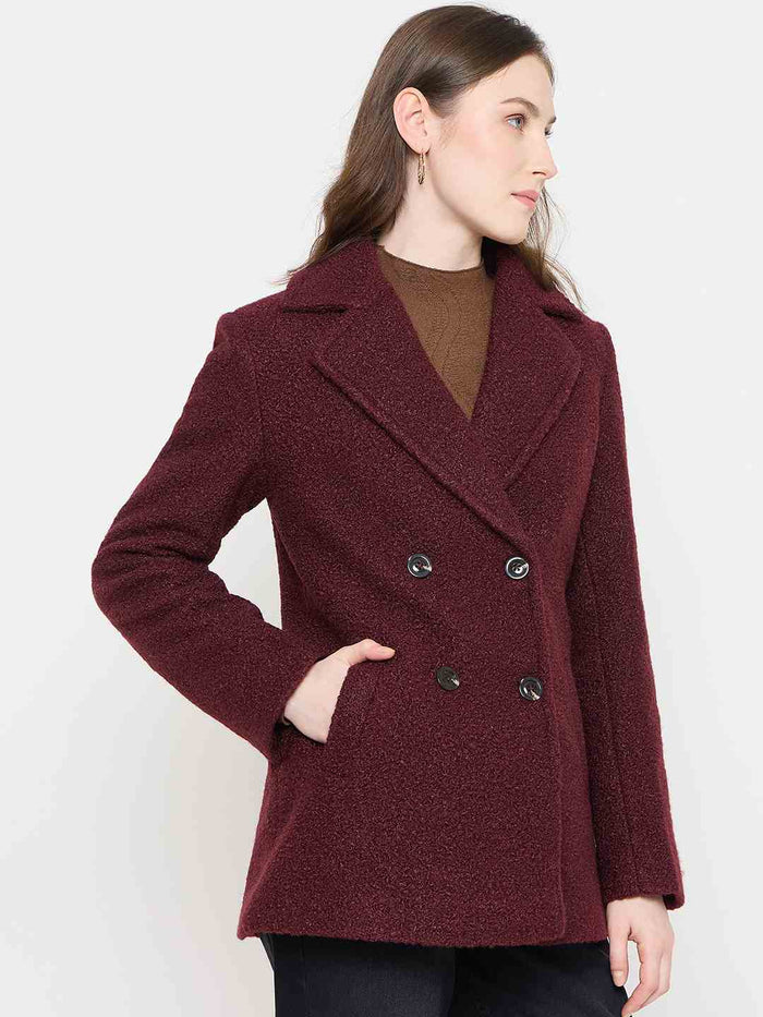 Madame Maroon Coat with Double Breasted Buttons and Notched Collar