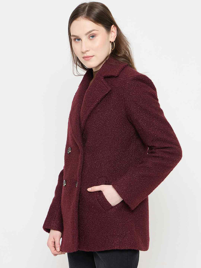 Madame Maroon Coat with Double Breasted Buttons and Notched Collar