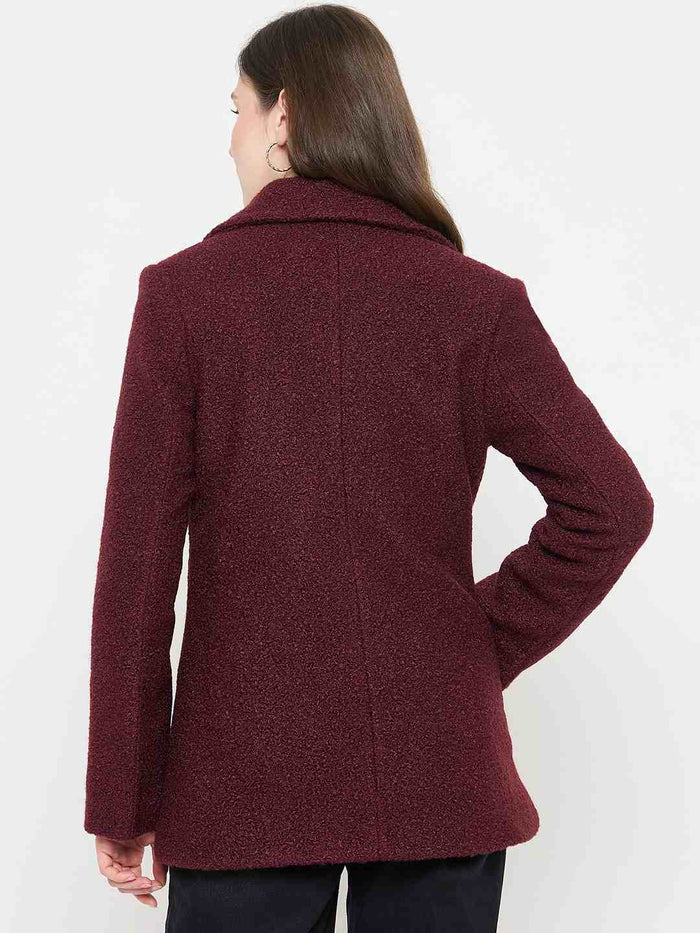 Madame Maroon Coat with Double Breasted Buttons and Notched Collar