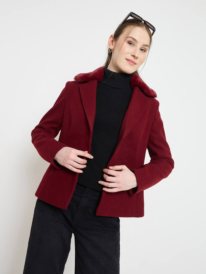 Madame Maroon Short Coat with Faux Fur Notched Lapel Neckline