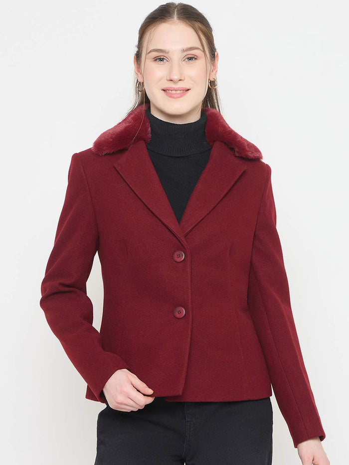 Madame Maroon Short Coat with Faux Fur Notched Lapel Neckline