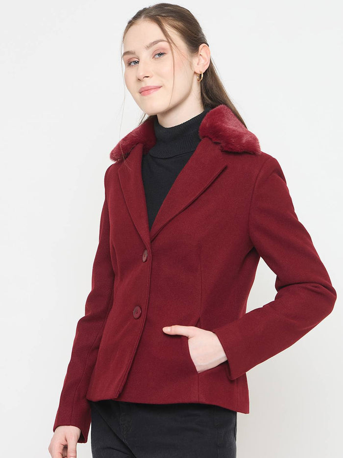 Madame Maroon Short Coat with Faux Fur Notched Lapel Neckline
