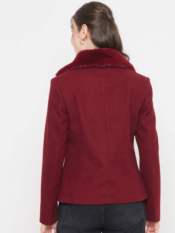 Madame Maroon Short Coat with Faux Fur Notched Lapel Neckline