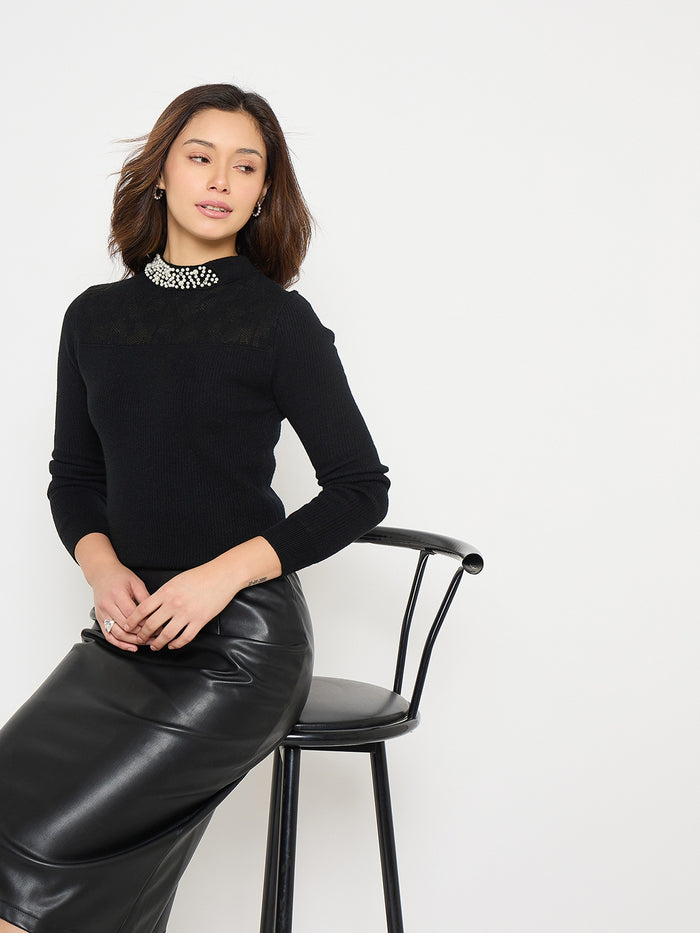 Madame Mock Neck Black Embellished Sweater