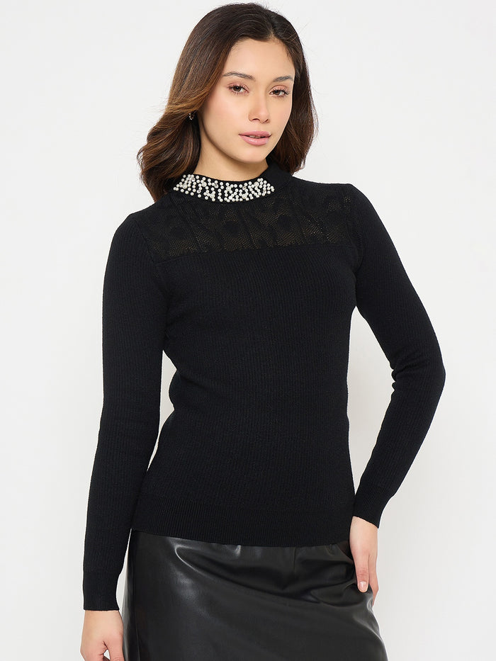 Madame Mock Neck Black Embellished Sweater