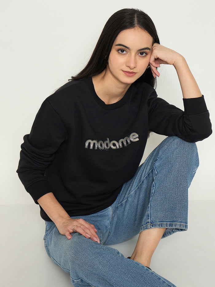 Madame Mock Neck Printed Black Sweatshirt