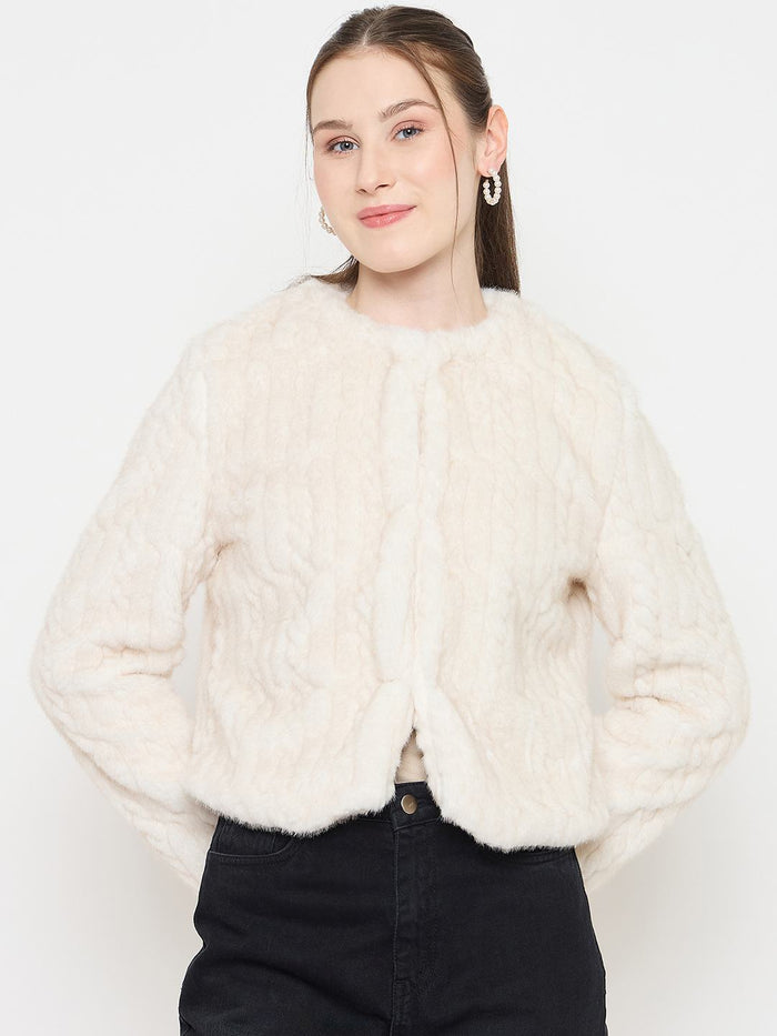 Madame Off White Round Neck Pearl Embellished Blazer