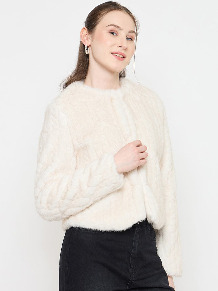 Madame Off White Round Neck Pearl Embellished Blazer