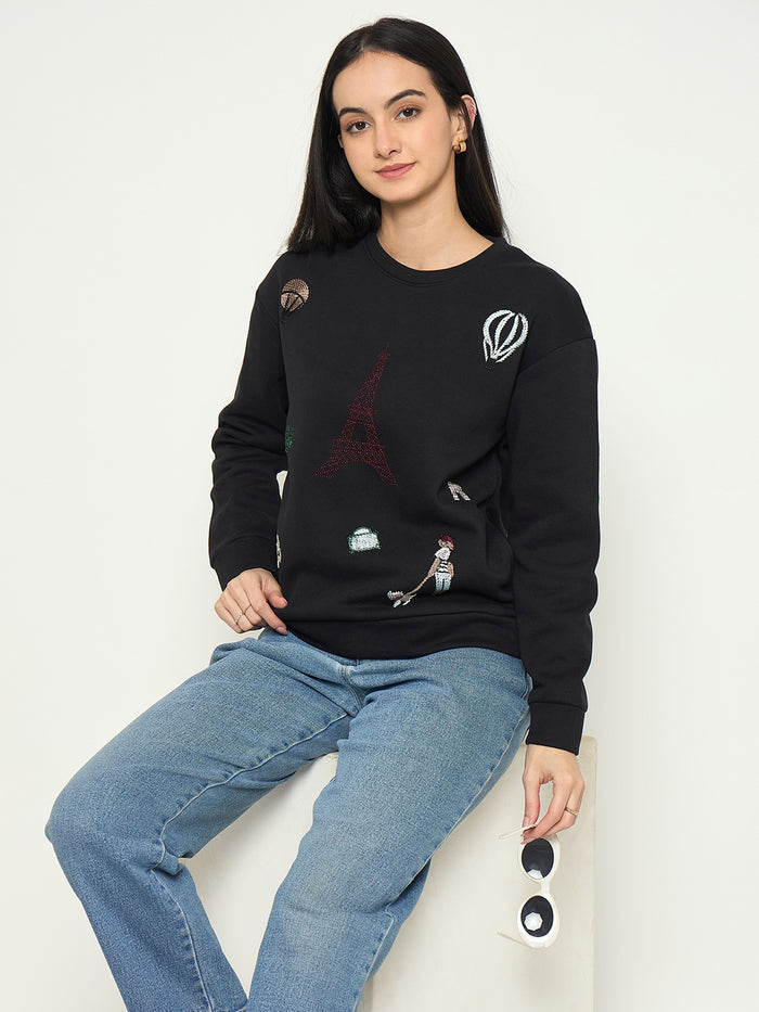 Madame Printed Black Sweatshirt with Crew Neckline