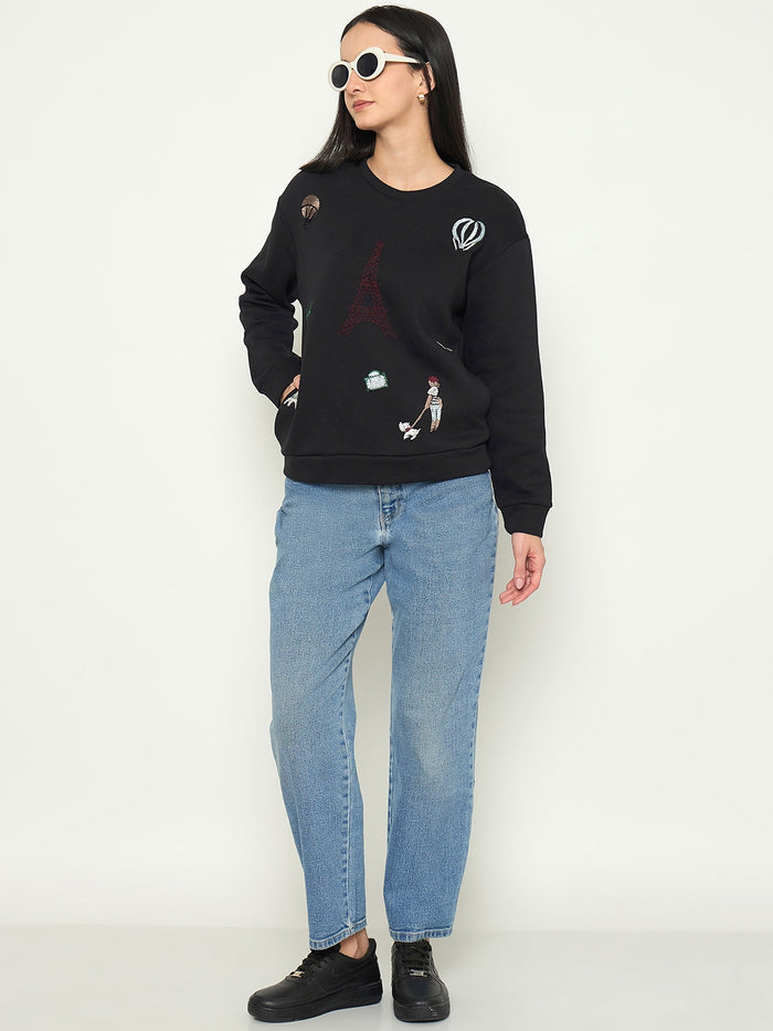 Madame Printed Black Sweatshirt with Crew Neckline