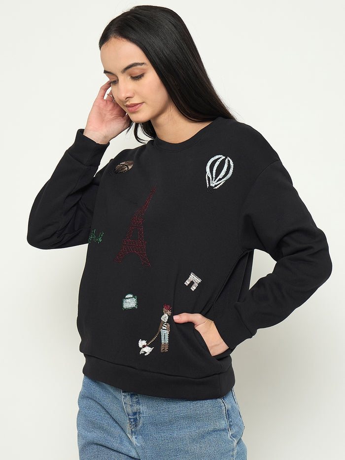 Madame Printed Black Sweatshirt with Crew Neckline