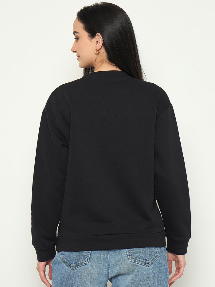 Madame Printed Black Sweatshirt with Crew Neckline