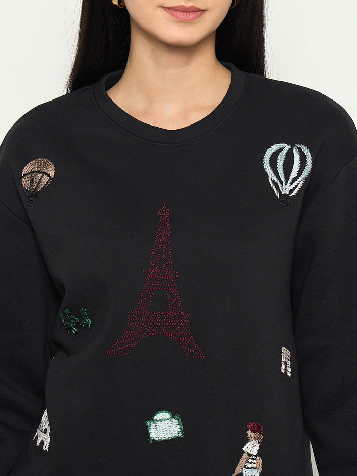 Madame Printed Black Sweatshirt with Crew Neckline