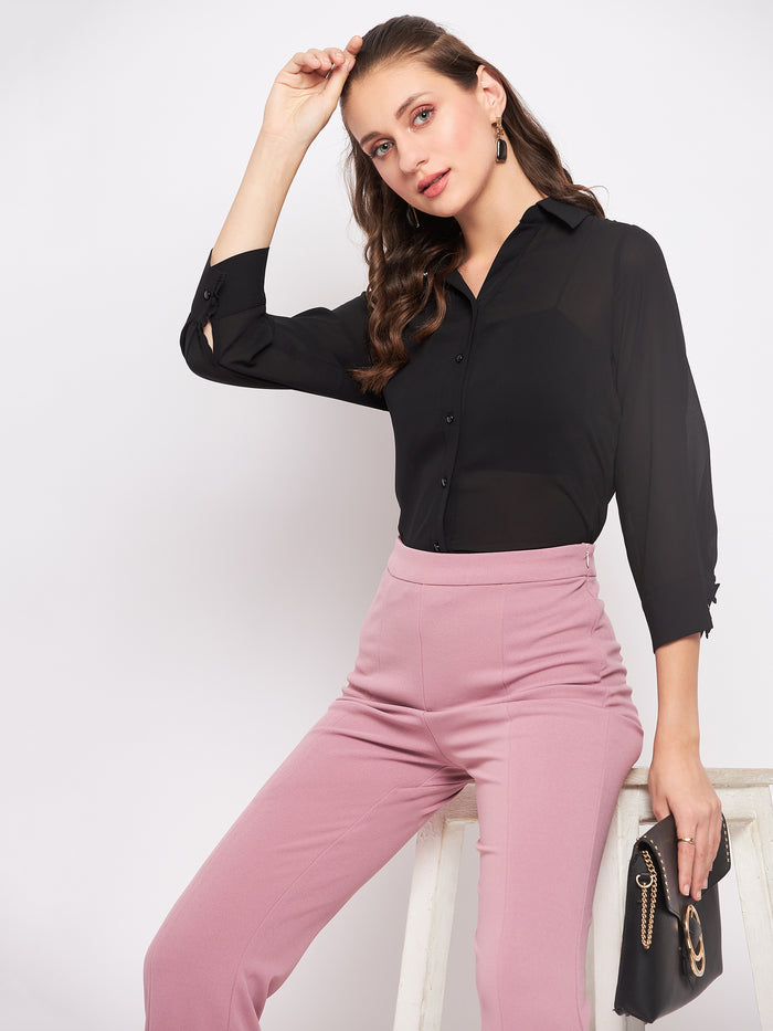 Madame Quarter Sleeve Black Semi Sheer Shirt