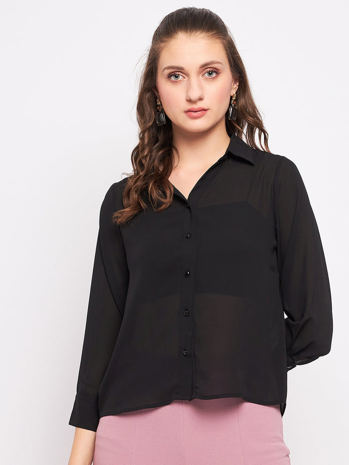 Madame Quarter Sleeve Black Semi Sheer Shirt