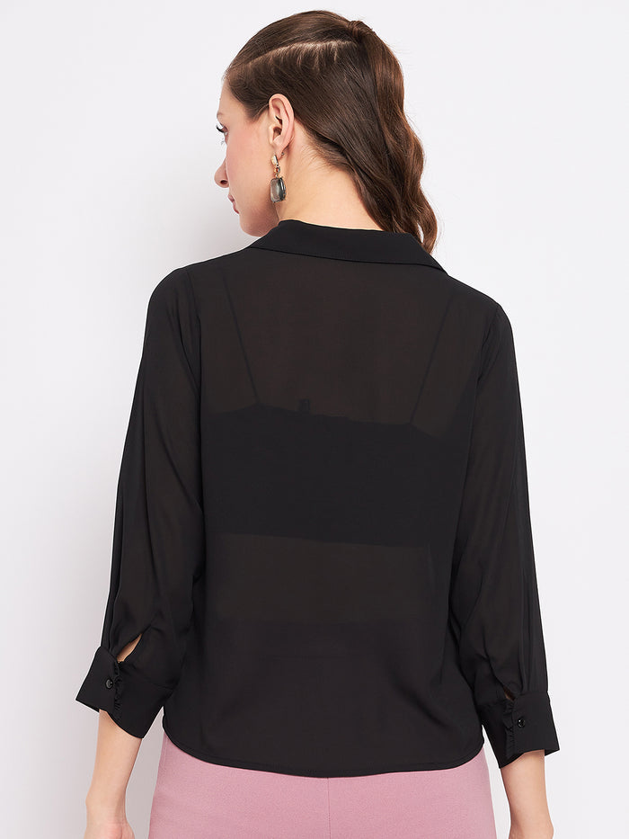 Madame Quarter Sleeve Black Semi Sheer Shirt