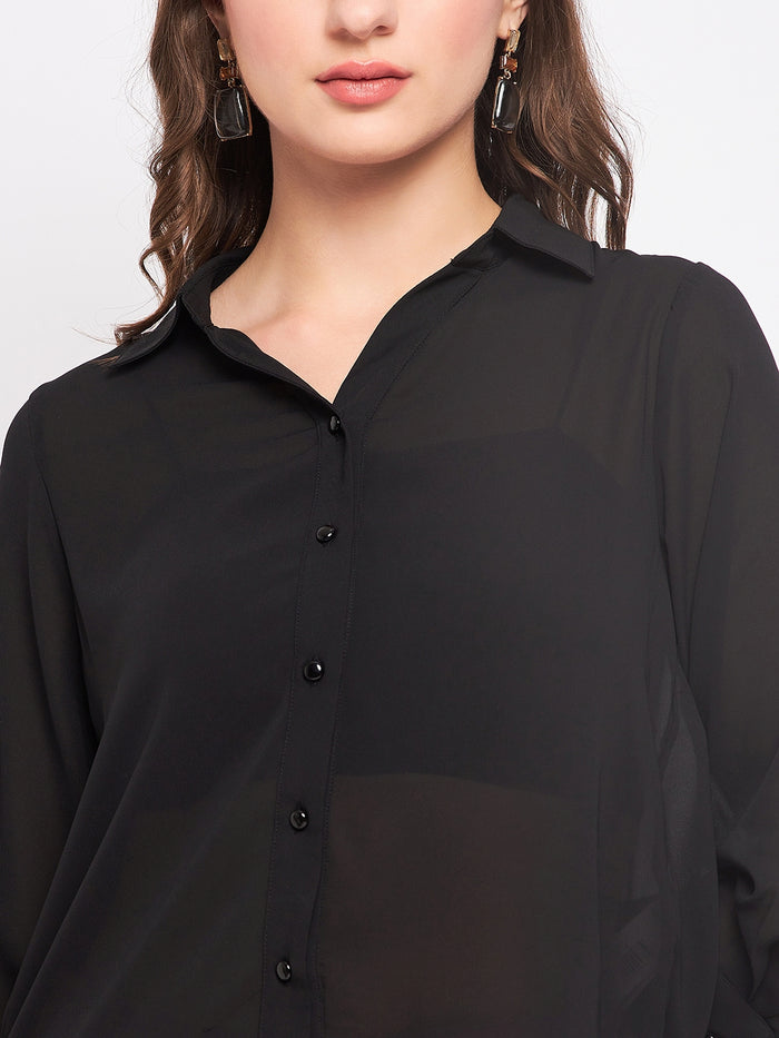 Madame Quarter Sleeve Black Semi Sheer Shirt
