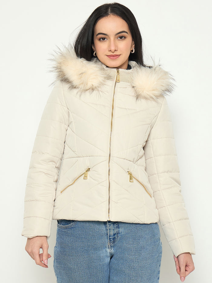 Madame Quilted Brown Jacket with Faux Fur Hood