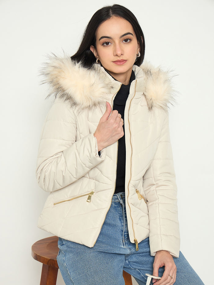 Madame Quilted Brown Jacket with Faux Fur Hood