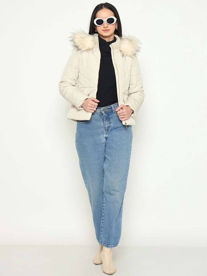 Madame Quilted Brown Jacket with Faux Fur Hood